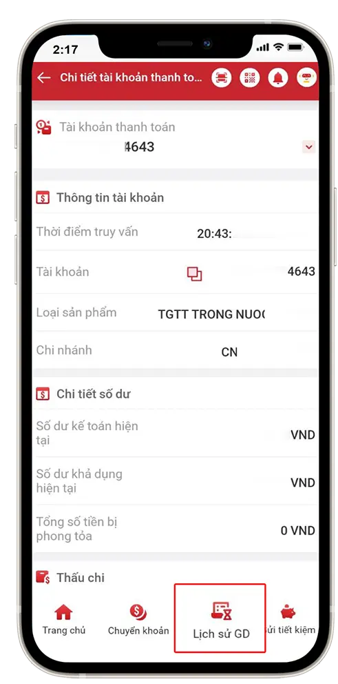 Bước 3 : Vào mục Thông tin Tài Khoản =>> Lịch Sử GD